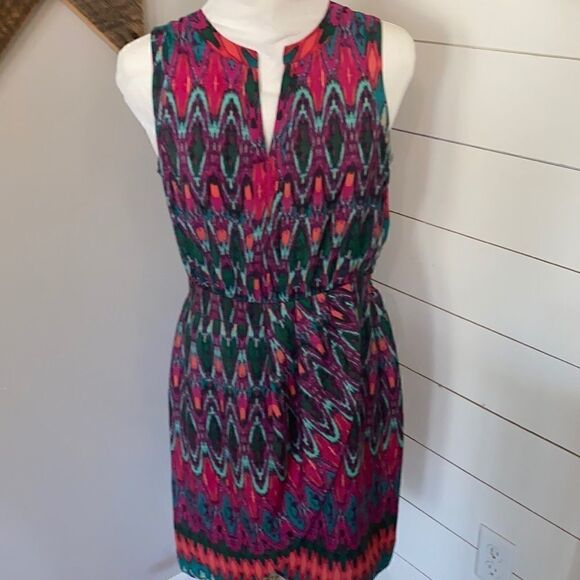 Charlie Jade | Bright Ikat Print V Neck Sleeveless Dress | S - Picture 1 of 10